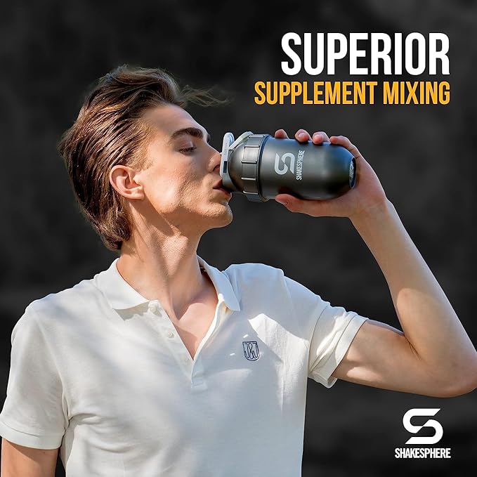 SHAKESPHERE Tumbler: Protein Shaker Bottle and Smoothie Cup, 24 oz - Bladeless Blender Cup Purees Raw Fruit with No Blending Ball - Drink Powder Mix Shake Mixer for Pre Workout, Gym (Matte Black)
