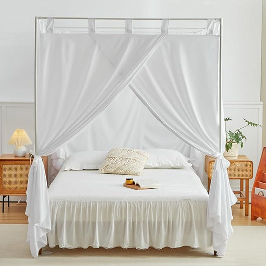 AIKASY White Canopy Bed Curtains with Top Ties and Tie Backs for Bedroom Decoration - King Size Bed Curtains with Windproof and Lightproof Features