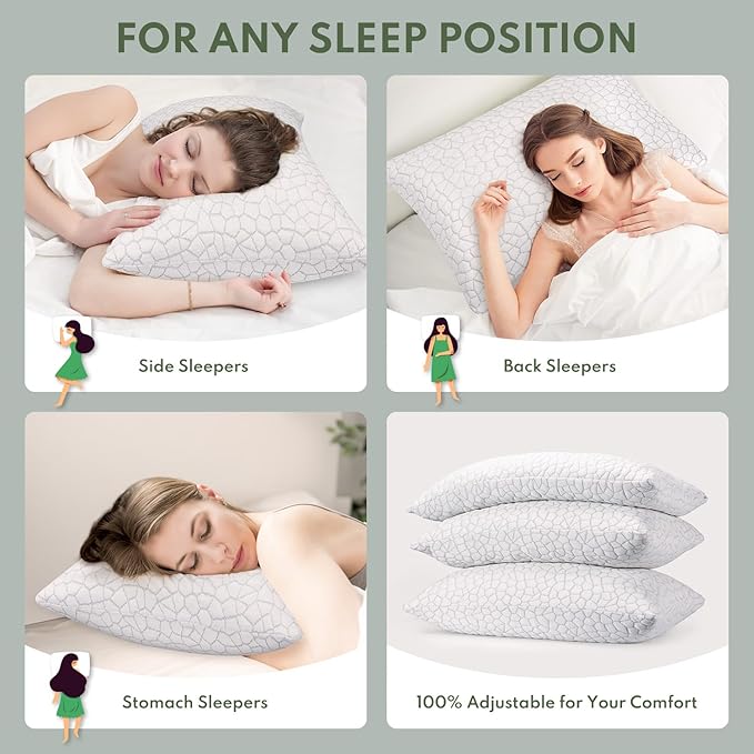 Cooling Pillows Queen Size Set of 2 - Shredded Memory Foam Pillow for Sleeping 2 Pack, Adjustable Cool Bed Pillows for Side, Back, and Stomach Sleepers, Gel Pillow Washable Removable Cover