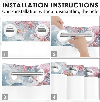 Sea Shells Coral No Hook Shower Curtain with Snap in Liner, Starfish Seashell Underwater Bath Curtain with Double Layers Waterproof Fabric and Mesh Top Window 71x74 Inch