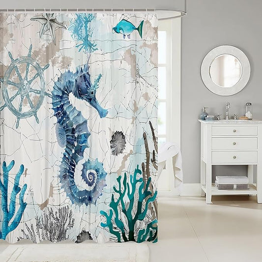 Feelyou Seahorse Fabric Shower Curtain Ocean Shower Curtain for Kids Boys Girls Marine Life Bathroom Waterproof Accessories with 12 Hooks Sea Animal Curtains,72x78 Inches