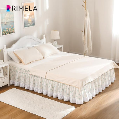 RIMELA White Elastic Bed Skirt King Szie 16 inch Drop, Cal King Bedskirt Easy to Put On, Solid Wrap Around Dust Ruffle, Fade Resistant Silky Fabric Machine Washable