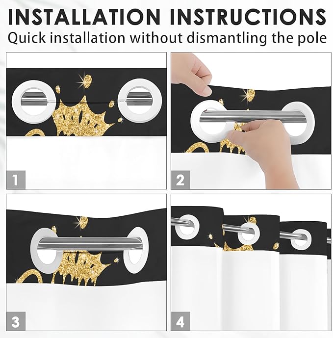 King and Queen No Hook Shower Curtain with Snap in Liner, Black and Gold Glitter Bath Curtain with Double Layers Waterproof Fabric and Mesh Top Window 71x74 Inch