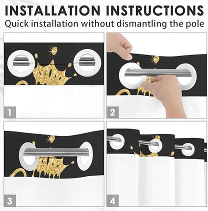 King and Queen No Hook Shower Curtain with Snap in Liner, Black and Gold Glitter Bath Curtain with Double Layers Waterproof Fabric and Mesh Top Window 71x74 Inch