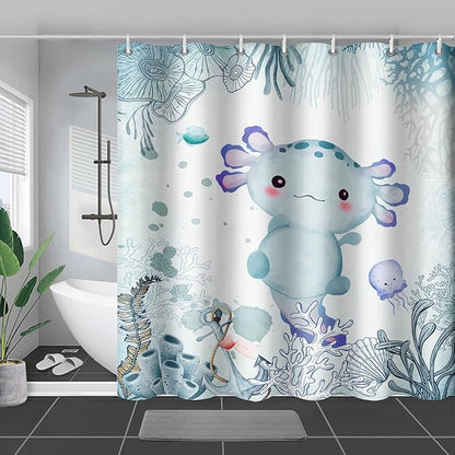 AILONEN Cute Axolotl Shower Curtain for Bathroom Teal Blue Ocean Beach Coastal Bath Curtain Decor 60" W*72" H Polyester Fabric Waterproof Bathroom Curtain with 12 Hooks