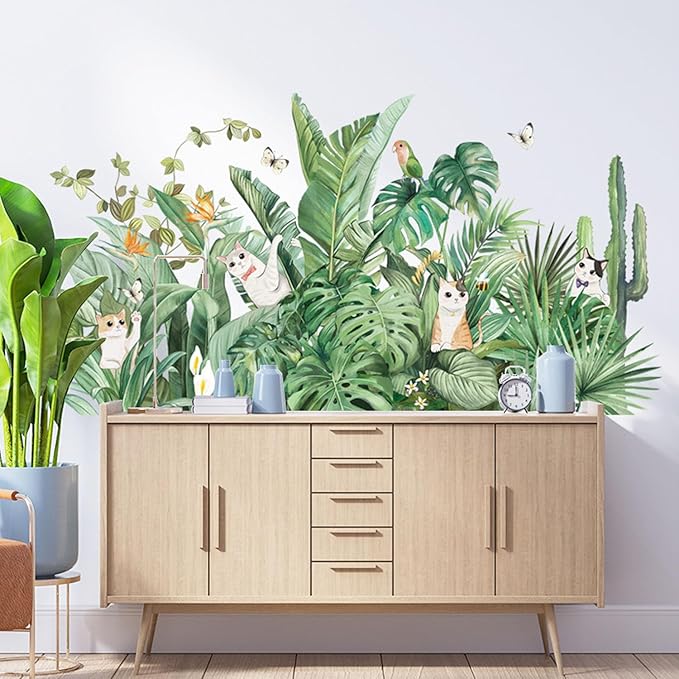 Green Plants Wall Stickers Cat Parrot Butterfly Cactus Wall Decals Bedroom Living Room Sofa TV Background Wall Classroom Office Children's Room Wall Decor