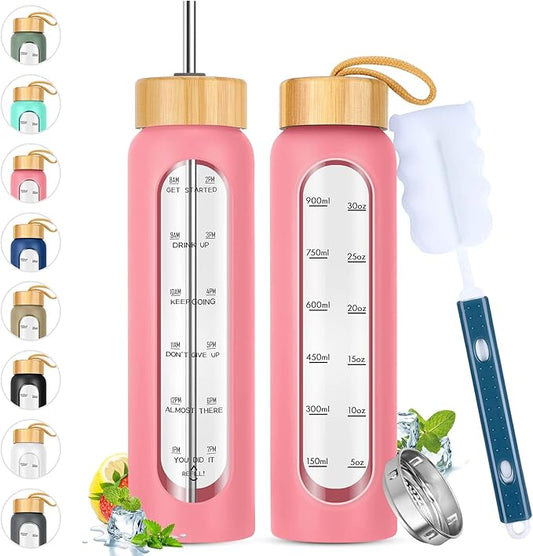 32 oz Glass Water Bottles with Straw - Motivational Glass Water Bottle with Time Marker & Silicone Sleeve - Reusable Glass Tumbler Includes 2 Bamboo Lids & Fruit Infuser - 1 Pack