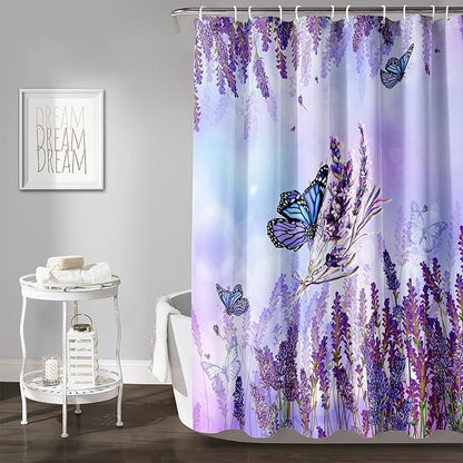 AILONEN Flying Butterfly Shower Curtain for Girl Women,Purple Lavender Flower Butterfly Floral Decor Bath Curtain 36" W*72" H Polyester Fabric Waterproof Bathroom Bathtub Curtain with 12 Hooks