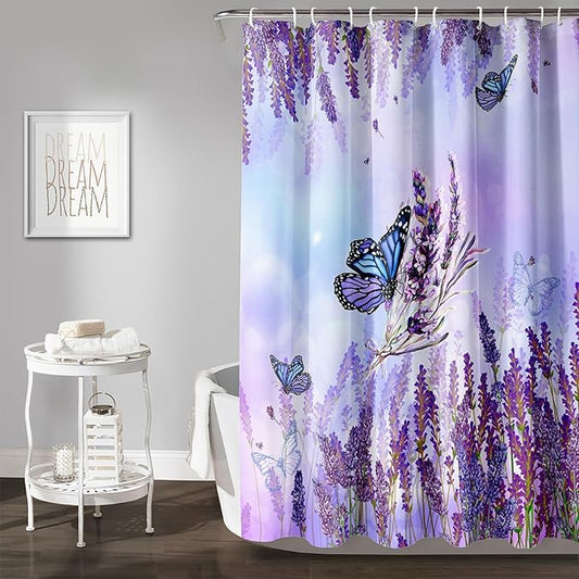 AILONEN Flying Butterfly Shower Curtain for Girl Women,Purple Lavender Flower Butterfly Floral Decor Bath Curtain 36" W*72" H Polyester Fabric Waterproof Bathroom Bathtub Curtain with 12 Hooks