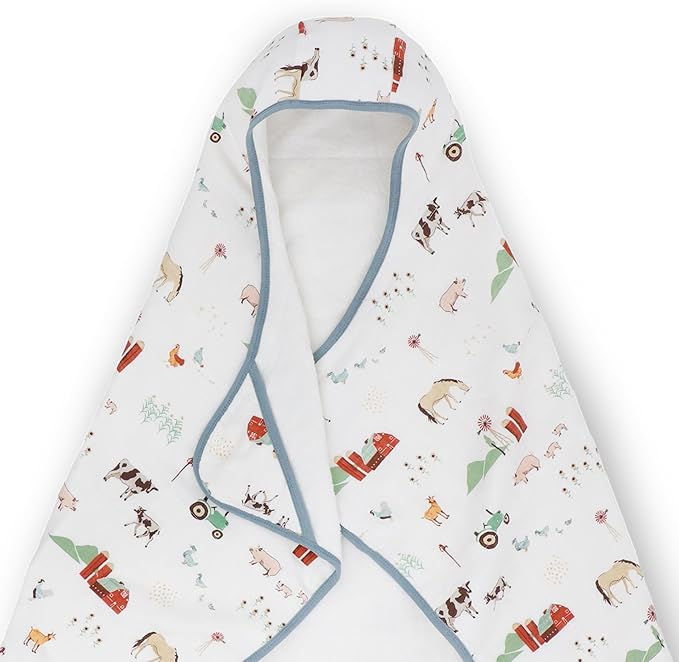 Little Unicorn Cotton Muslin & Terry Hooded Towel, Larger Size 1-6 Years (Farmyard)