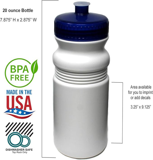 Rolling Sands 20 Ounce Sports Water Bottles 6 Pack, BPA-Free, Made In USA, Dishwasher Safe, White Bottles/Navy Lids