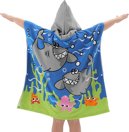 NovForth Kids Beach Towel for Boys Girls, Shark Hooded Bath Towel Wrap, Toddler Pool Towel with Hood