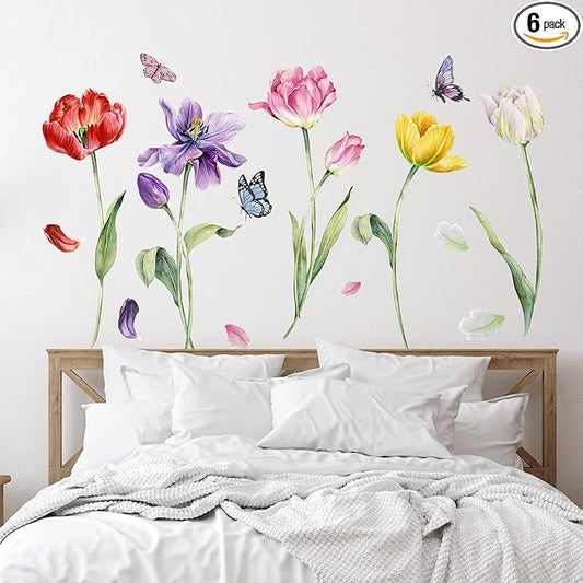 Zonon Flowers Wall Decals Vinyl Dragonflies Flowers Wall Stickers Removable Floral Wall Murals Peel and Stick Colorful Flower Wall Decor for Bedroom Living Room Nursery(Tulip)