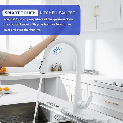 Touch on Kitchen Faucet with Soap Dispenser and Pull Down Sprayer - Single Handle Kitchen Sink Faucet, 1 or 3 Hole Design for Modern Farmhouse Kitchens, Rv, and Bar Sinks (White)