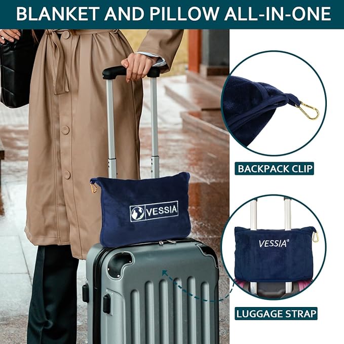 Vessia Travel Blanket for Airplane, Train and Car, Warm and Soft Travel Blanket in Bag for Adults and Kids, Portable Compact Long Flight Blanket with Luggage Sleeve, Backpack Clip(Navy)