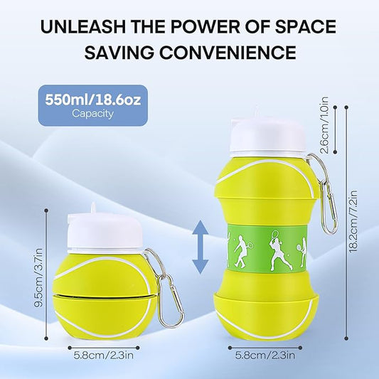 Kids Sports Collapsible Water Bottle | Ball Shaped Drinking Cup | Foldable BPA Free Leakproof Lightweight Silicon Jug | School Lunch Mug Team Gift Travel (Tennis 550ml/18.6oz)