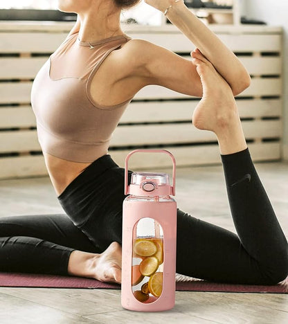 TKK 64 OZ Glass Water Bottle with Straw and Handle Half Gallon Bottle with Silicon Sleeve 2L Sports Water Bottles for Fitness, Gym, Workout - Black