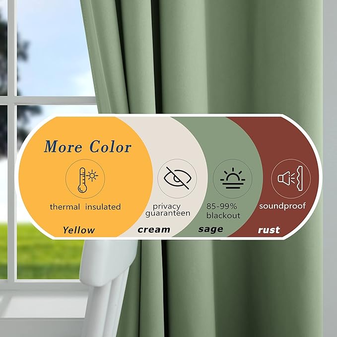 Mrs.Naturall Sage Green Curtains 96 Inches Long for Bedroom 2 Panels Set Blackout Light Blocking Insulated Thermal Curtains for Living Room 42x96 Inch Length