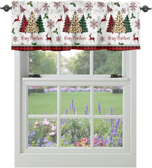 Merry Christmas Kitchen Curtains Valances for Windows Farm Christmas Tree Buffalo Plaid Leopard Rod Pocket Window Treatment for Kitchen/Living Room/Bedroom/Bathroom,60" X 18" -1 Panel, Holiday Decor