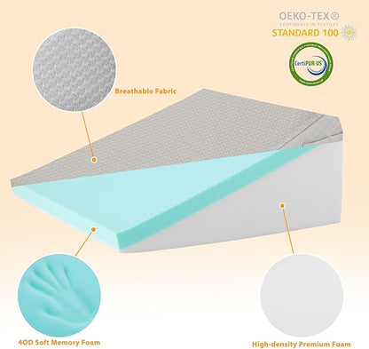 Bed Wedge Pillow for Sleeping, 10" Wedge Pillows for After Surgery, Soft Memory Foam Top, Triangle Pillow Wedge, Body Positioners for Leg Elevation, Acid Reflux, Gerd, Snoring Relief, Grey