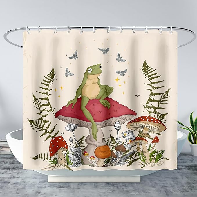 AILONEN Frog Mushroom Shower Curtain Cartoon Animal Wildlife Red Mushroom Boho Aesthetic Minimalist Modern Art Bathroom Decor 72" W*72" H Shower Curtains with 12 Hooks