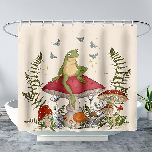 AILONEN Frog Mushroom Shower Curtain Cartoon Animal Wildlife Red Mushroom Boho Aesthetic Minimalist Modern Art Bathroom Decor 72" W*72" H Shower Curtains with 12 Hooks