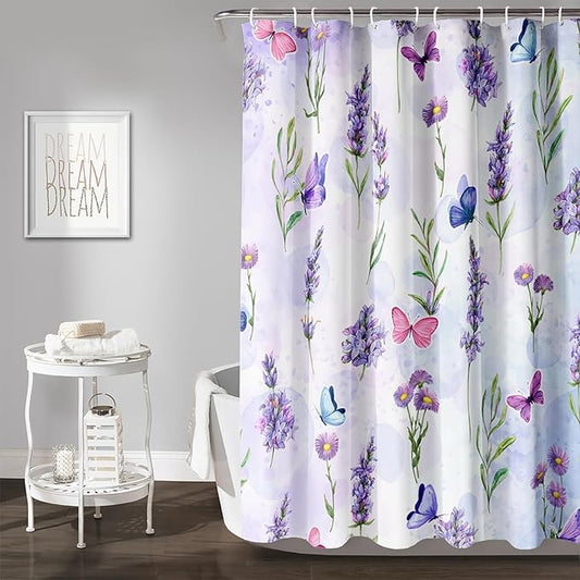 AILONEN Purple Flower Butterfly Shower Curtain 72" W*96" H,Spring Floral Girls Bathroom Decor,Modern Tie Dye Watercolor Butterfly Bath Curtain Polyester Waterproof Bathroom Curtain with Hooks
