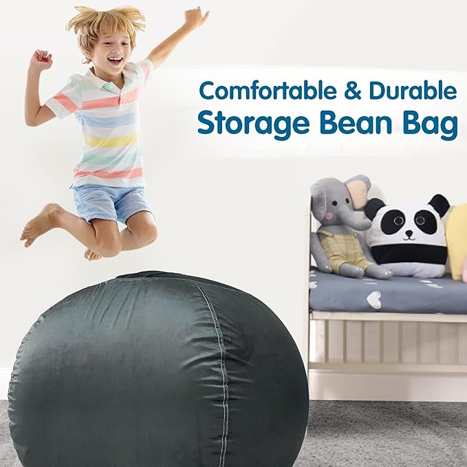 Lukeight Stuffed Animal Storage Bean Bag Chair Cover for Kids, Zipper Beanbag Chair Cover for Organizing Toddler and Kids' Rooms Plush Toys (Dark Gray Velvet, Large)