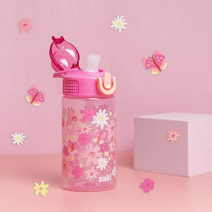 Zak Designs Sage Water Bottle For School or Travel, 16oz Durable Plastic Water Bottle With Straw, Handle, and Leak-Proof, Pop-Up Spout Cover (Flower Power)