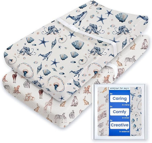 Extra Stretchy Changing Pad Cover, TotBasic Ultra Soft Premium Jersey Knit Changing Pad Sheets, Unisex for Boys Girls, Fits All Standard Changing Tables/Dresser Tops - 2 Pack (Ocean Pals + Wildlife)
