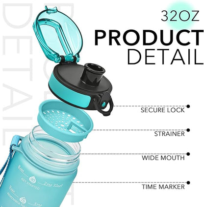 GOSWAG 32oz Motivational Water Bottles with Time Marker and Fruit Strainer, Sports Water Bottle with Times to Drink, Leakproof, Reusable Plastic Bottle with Strap no Straw for Gym, School