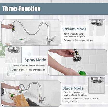 Kitchen Faucet with Soap Dispenser, Faucet for Kitchen Sink, Single Handle Stainless Steel Kitchen Sink Faucets with Pull Down Sprayer and Deck Plate, RV Sink Faucet, Nickel Brushed