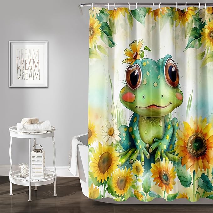 AILONEN Cartoon Green Frog Shower Curtain,Watercolor Sunflower Shower Curtain,Cute Kawaii Frog Curtain for Kids Girls Boys,Yellow Flower Animal Frog Print Waterproof Bath Curtain 60" W x 72" H