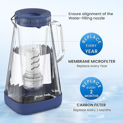 GLACIER FRESH Glass Water Pitcher for Tap and Drinking Water with Membrane and Activated Filter, Reduces Chlorine and Lead Taste, Food Grade and BPA Free Materials, 10-Cup, Blue