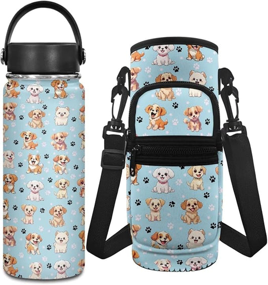Corgi 18 OZ Water Bottle Kids 6-8/8-10 Pink Stainless Steel Water Bottle Girls Insulated Water Bottle and Water Bottle Carrier Bag Set