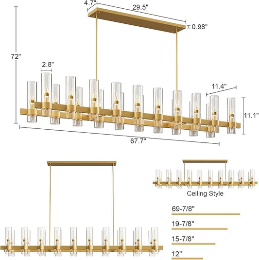 Brass Kitchen Island Lighting-20-Light Linear Chandelier, Adjustable 67.7'' Modern Farmhouse Rectangle Pendant Light Fixtures, Dining Room, Bedroom