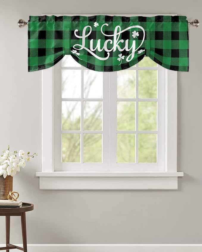 St. Patrick's Day Buffalo Plaid Blackout Tie Up Valance Curtains for Kitchen Windows Lucky Shamrocks Clover Window Toppers Balloon Shades for Living Room/Bathroom/Bedroom,1 Panel, 60" X 18",Green