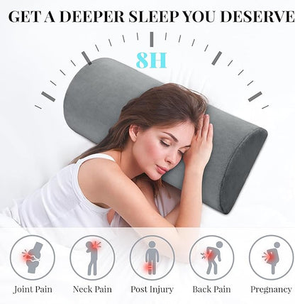 Large Knee Pillow for Side Sleepers Memory Foam Leg Pillows for Sleeping Yoga Bed Half Moon Bolster Pillow for Neck Pain Relief with 2 Pillowcases 23.6"x8.7"x5"(Grey+Green, Extended Size)