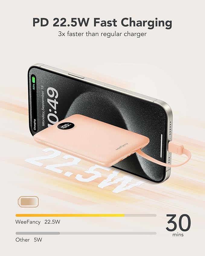 Mini Portable Charger for iPhone - 10000mAh Small PD 22.5W Fast Charging Power Bank with Built-in Cables - Travel Essentials USB C Slim Battery Pack Compatible with iPhone, Android, and More…