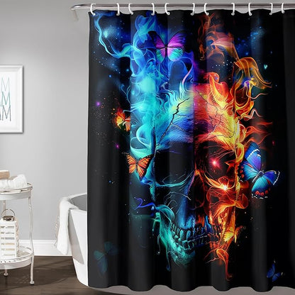 AILONEN Sugar Skull Shower Curtain for Bathroom,Blue and Red Smoky Skull Bath Curtain Decoration,Starry Butterfly Skull Skeleton Print Waterproof Shower Curtain with 12 Plastic Hooks, 72" W*78" H