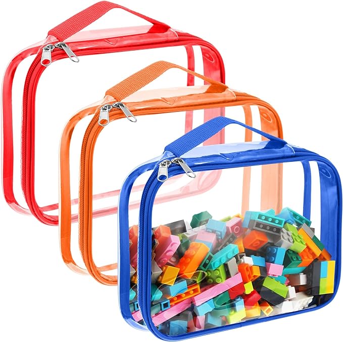 Sanwuta 3 Packs Toy Storage Bags with Zipper, Clear PVC Organizing Bags, Waterproof Toy Bags for Board Games, Building Blocks, Toys and Kids Books (Red, Blue, Orange,10.24 x 7.09 x 2.36 Inch)