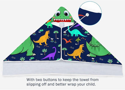 Dinosaur Beach Towel, Dinosaur Towel for Kids with Hood T-rex Hooded Towel for Boys 30x50 Cool Cartoon Microfiber Bath Towel Poncho Bathrobe for Swin Pool Cover Up, Green Blue Dinosaur Birthday Gifts