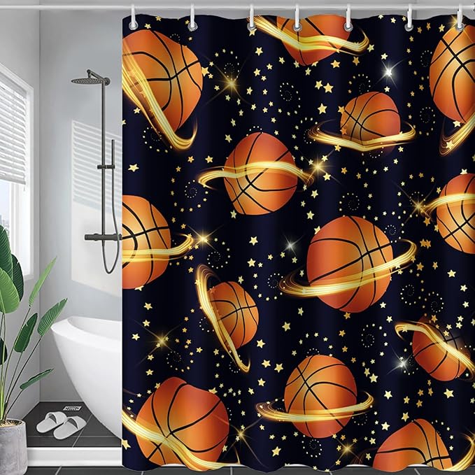 AILONEN Sports Basketball Shower Curtain for Bathroom, Space Planet Ball Print Bath Curtain,Yellow Star Basketball Kids Boys Bathroom Decor Waterproof 72" W*78" H Inch with 12 Plastic Hooks