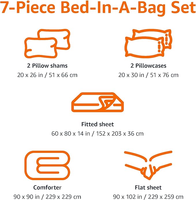 Amazon Basics 7 Piece Microfiber Kid's Bed-in-a-Bag Bedding Set, Full/Queen, Blue, Solid