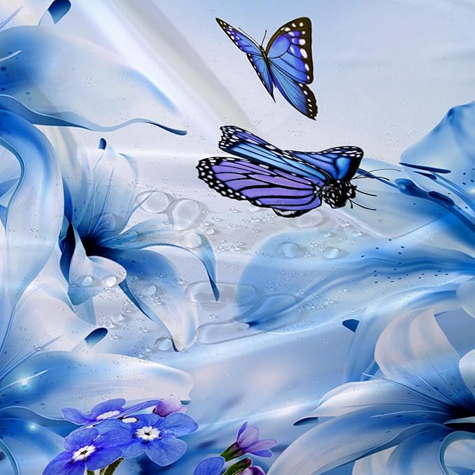 AILONEN Girls Butterfly Shower Curtain for Bathroom,Modern Botanical Floral Tulip Lily Flower Blue Butterfly Decor Bath Curtain 72" W*78" H Polyester Fabric Waterproof Bathroom Curtain with 12 Hooks