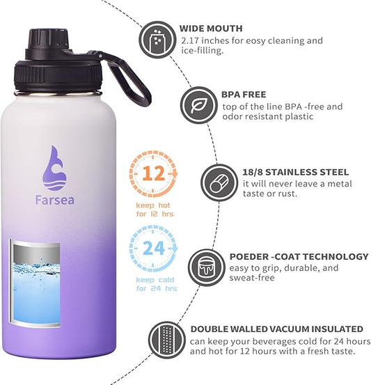 Farsea Insulated Water Bottle With Paracord Handle, Protective Silicone Boot and 2 Lids (Straw Lid & Spout Lid), Stainless Steel Water Bottle Wide Mouth, Double Wall Sweat-Proof BPA-Free, 32 oz