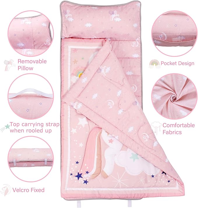 UOMNY Toddler Nap Mat - 1 Pack Girls Sleeping Bag with Removable Pillow - Unicorn 50x20 Inch Kids Preschool Nap Sack with Pillow Pink Girls Napper Nap Mats for Daycare Napping Bag for Girls