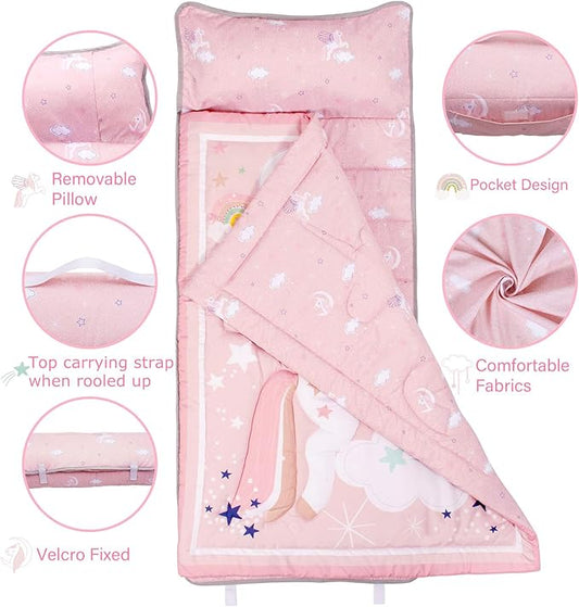 UOMNY Toddler Nap Mat - 1 Pack Girls Sleeping Bag with Removable Pillow - Unicorn 50x20 Inch Kids Preschool Nap Sack with Pillow Pink Girls Napper Nap Mats for Daycare Napping Bag for Girls