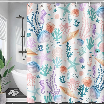 AILONEN Kids Ocean Shower Curtain for Bathroom,Funny Cute Octopus Fish Ocean Under Sea Coral Starfish Bath Curtain for Boys Girls, 72" W*78" H Art Waterproof Decor Fabric 12 Pack Hooks
