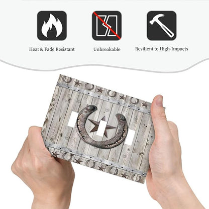 Rustic Western Wood Barn Door Horseshoe Iron Star 3 Gang Light Switch Covers Triple Toggle Wall Plate Decorative Switchplate Electrical Faceplate for Farmhouse Country Bedroom Decor